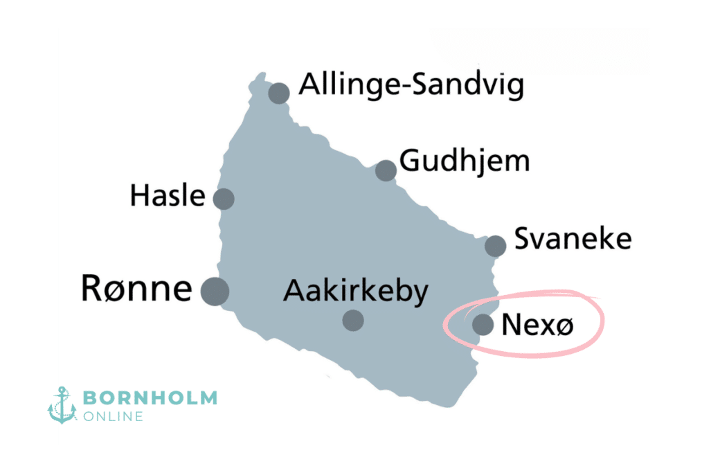 Karte von Bornholm mit den wichtigsten Orten, Nexø markiert