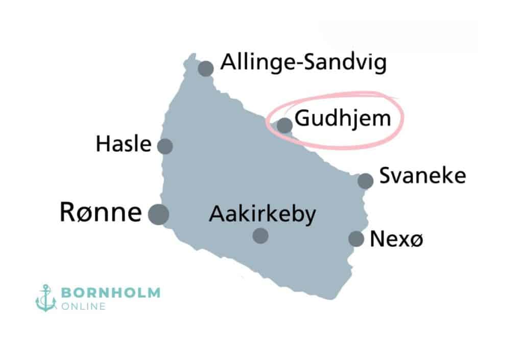 Karte von Bornholm mit den wichtigsten Orten, Gudhjem markiert