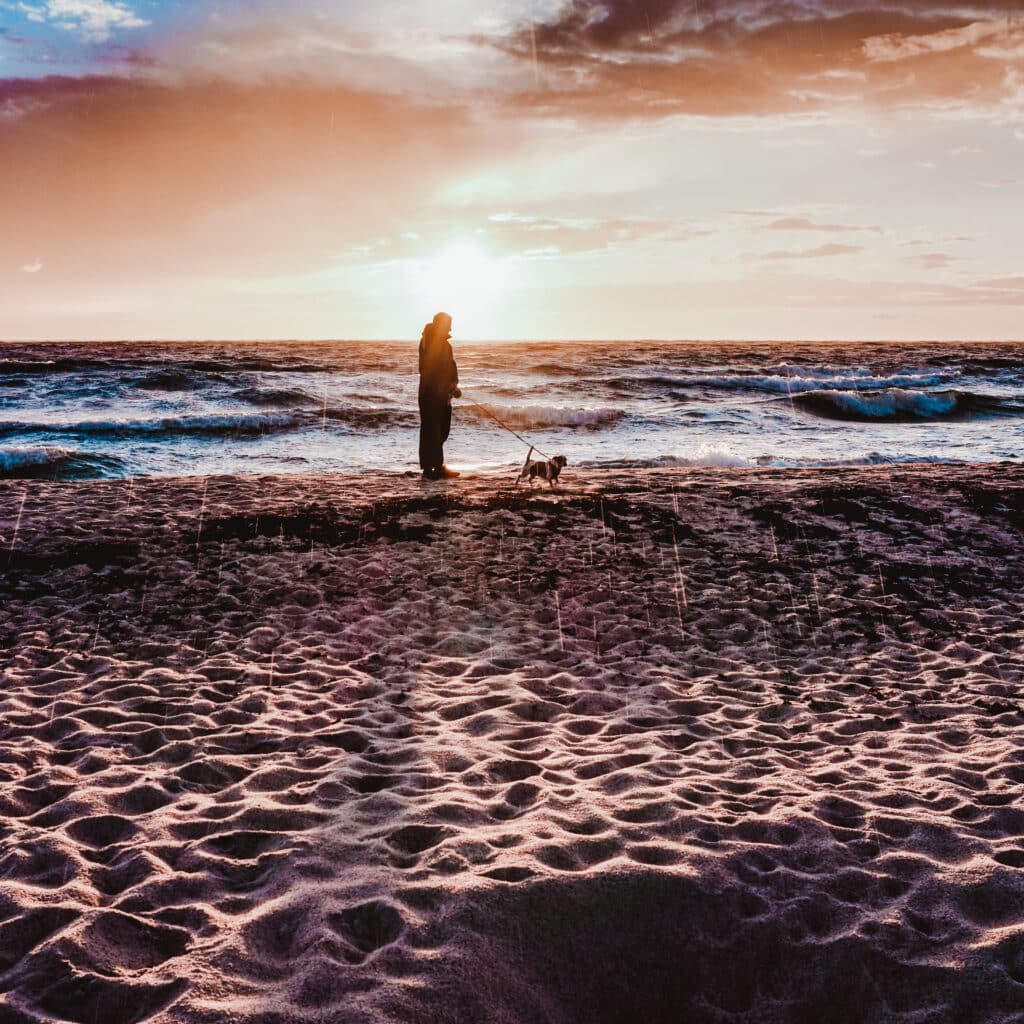 Silhouette einer Person mit Hund am Strand von Rønne bei Sonnenuntergang