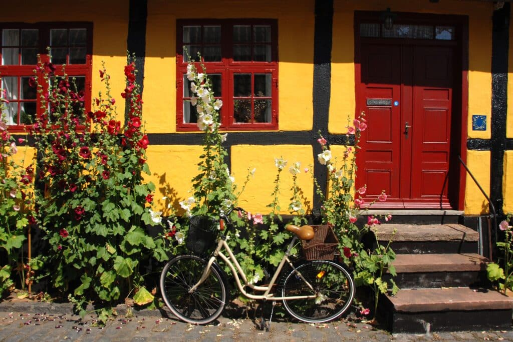Gelbes Fachwerkhaus mit roten Fenstern und Türen, davor Stockrosen und ein Fahrrad mit Korb