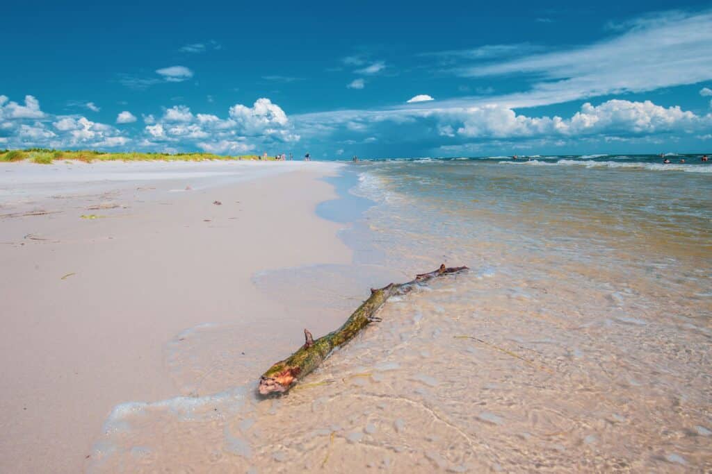 Breiter Sandstrand mit einem Ast im flachen, klaren Wasser
