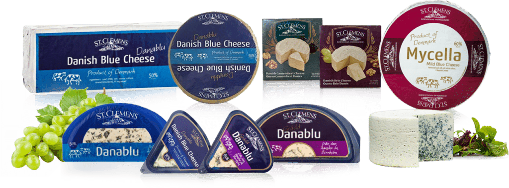 Verpackungen der Blauschimmelkäse von St. Clemens: Danablu, Mycella und Danish Blue