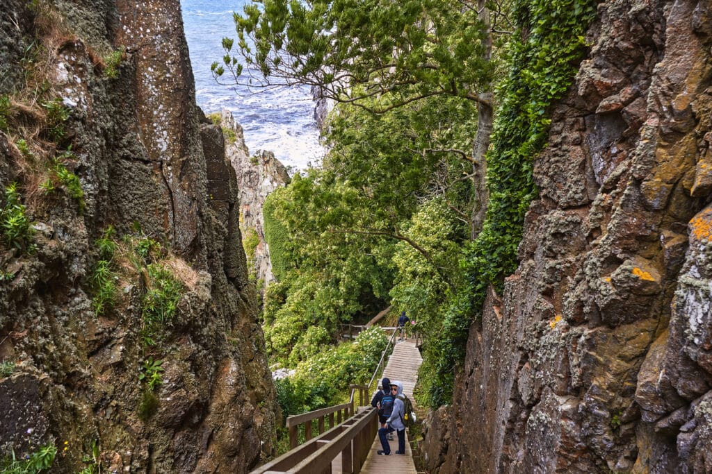 Holztreppe zwischen Felswänden auf dem Weg zur Jons Kapel