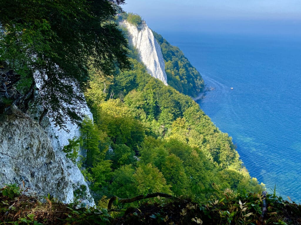 Kreidefelsen Königsstuhl und bewaldete Hänge des Nationalparks Jasmund über der Ostsee