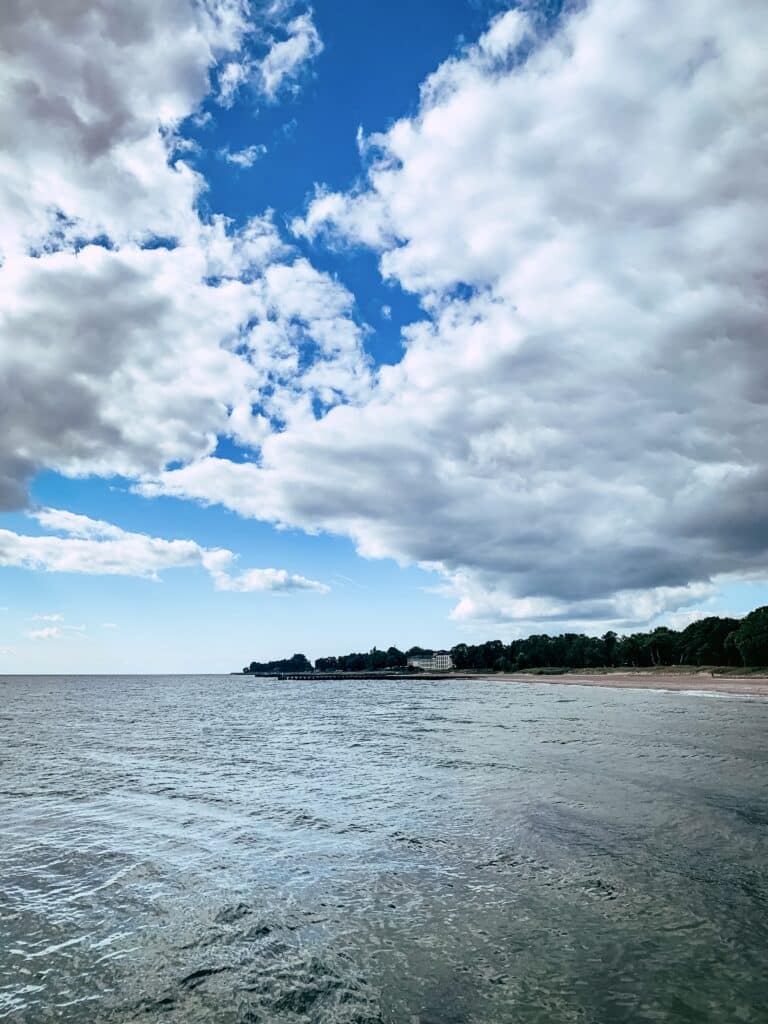 Meer und bewaldete Küste unter Haufenwolken in Ystad