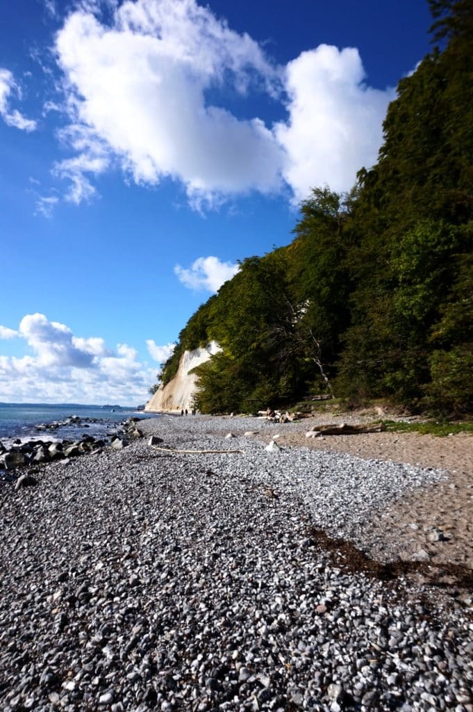 Steiniger Strand unter der bewaldeten Steilküste im Nationalpark Jasmund