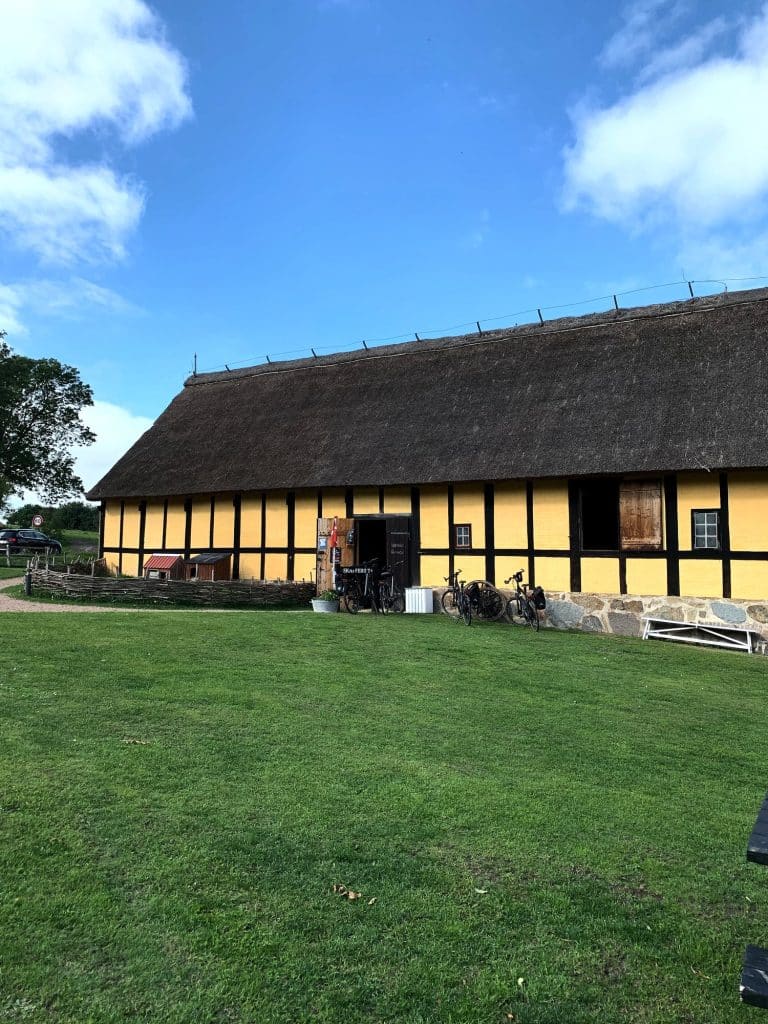 Langes gelbes Fachwerkhaus mit Reetdach auf dem Hof Melstedgård in Melsted