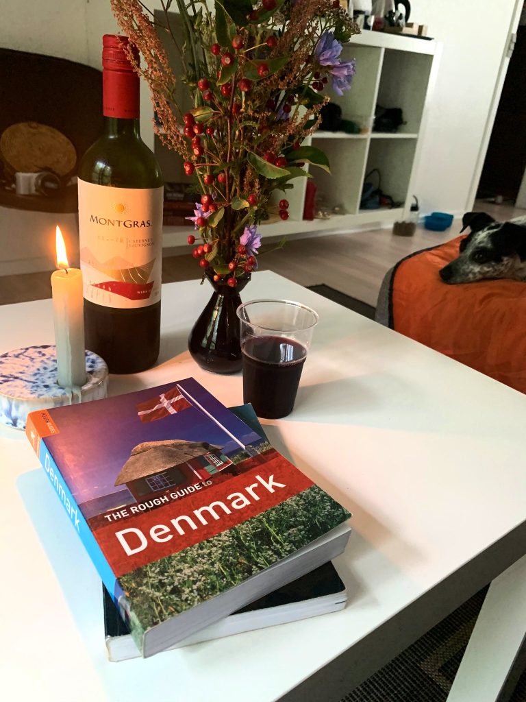 Tischchen mit Rotwein, brennender Kerze, einem Strauß mit Hagebutten und einem Dänemark-Reiseführer, im Hintergrund ein Hund auf einem orangefarbenen Bett