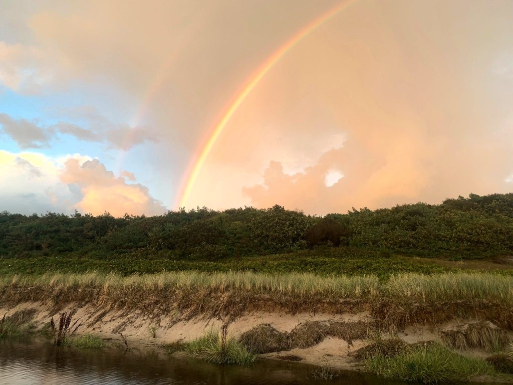Doppelter Regenbogen über einer mit Gras und Sträuchern bewachsenen Düne, an ihrem Fuß ein Bach, der über den Strand fließt