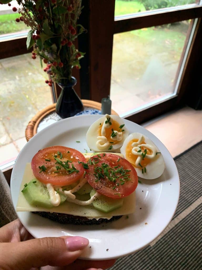 Smørrebrød mit Käse, Gurke und Tomate auf Roggenbrot und Eier auf einem Teller, der ans Fenster gehalten wird